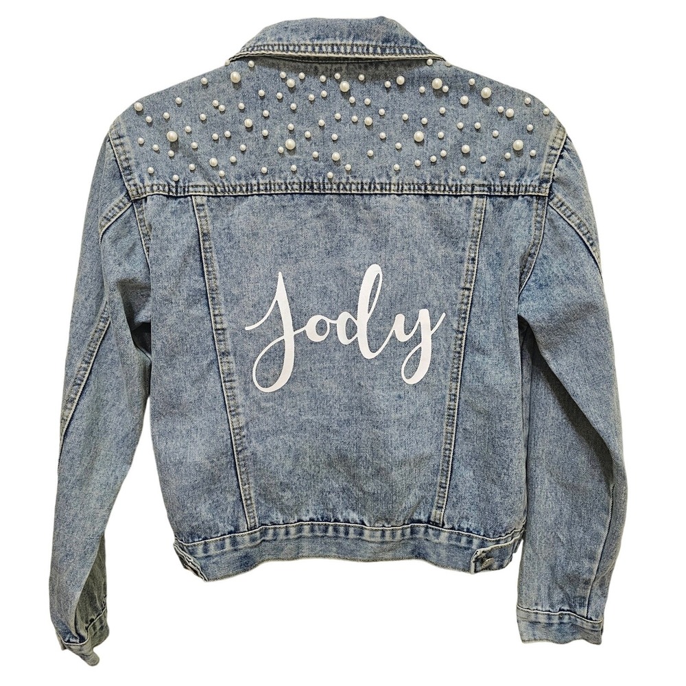 Custom Made Jean Jackets Jody SzS/M W  pearl Accents‎ front n Back. Buttondown.